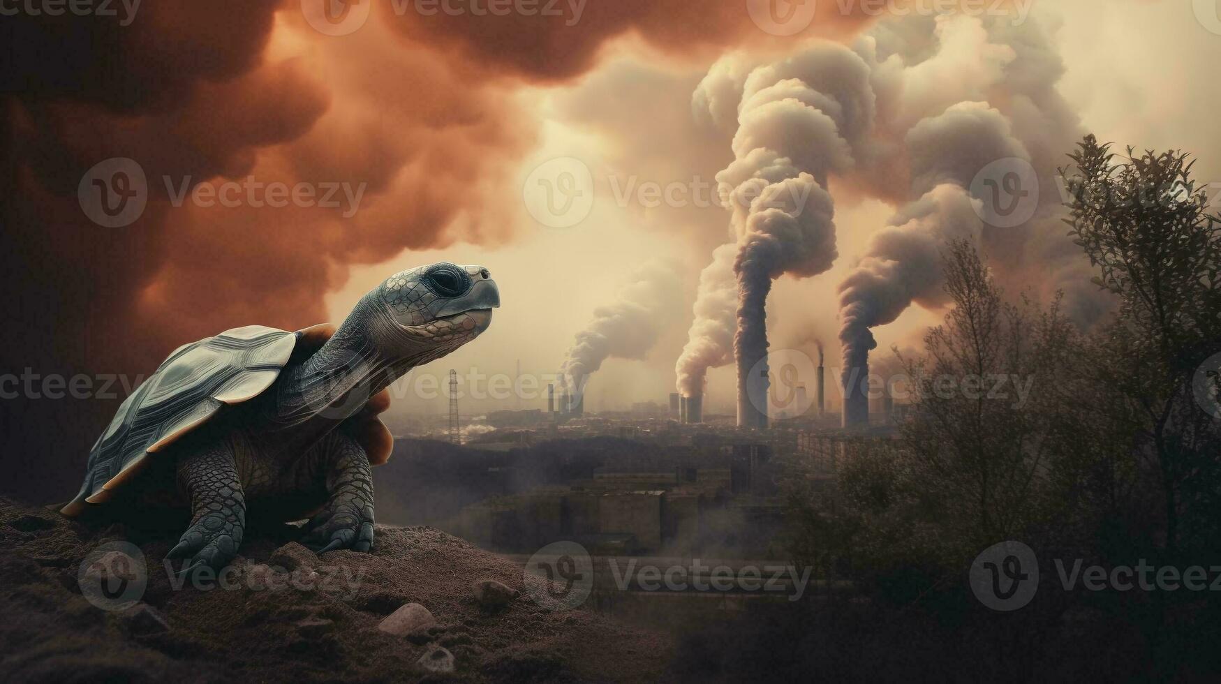 turtle stands watching a petrochemical refinery at sunrise. Generative AI. photo