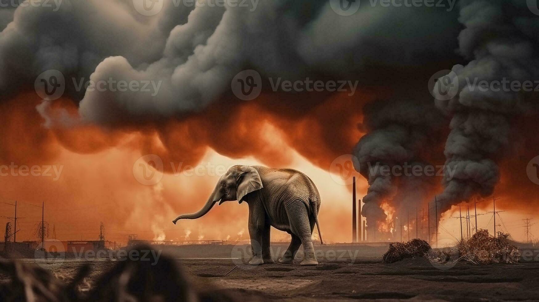 elephant stands watching a petrochemical refinery at sunrise. Generative AI. photo