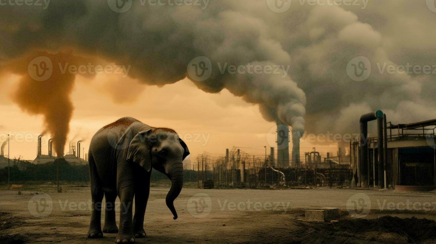 elephant stands watching a petrochemical refinery at sunrise. Generative AI. photo