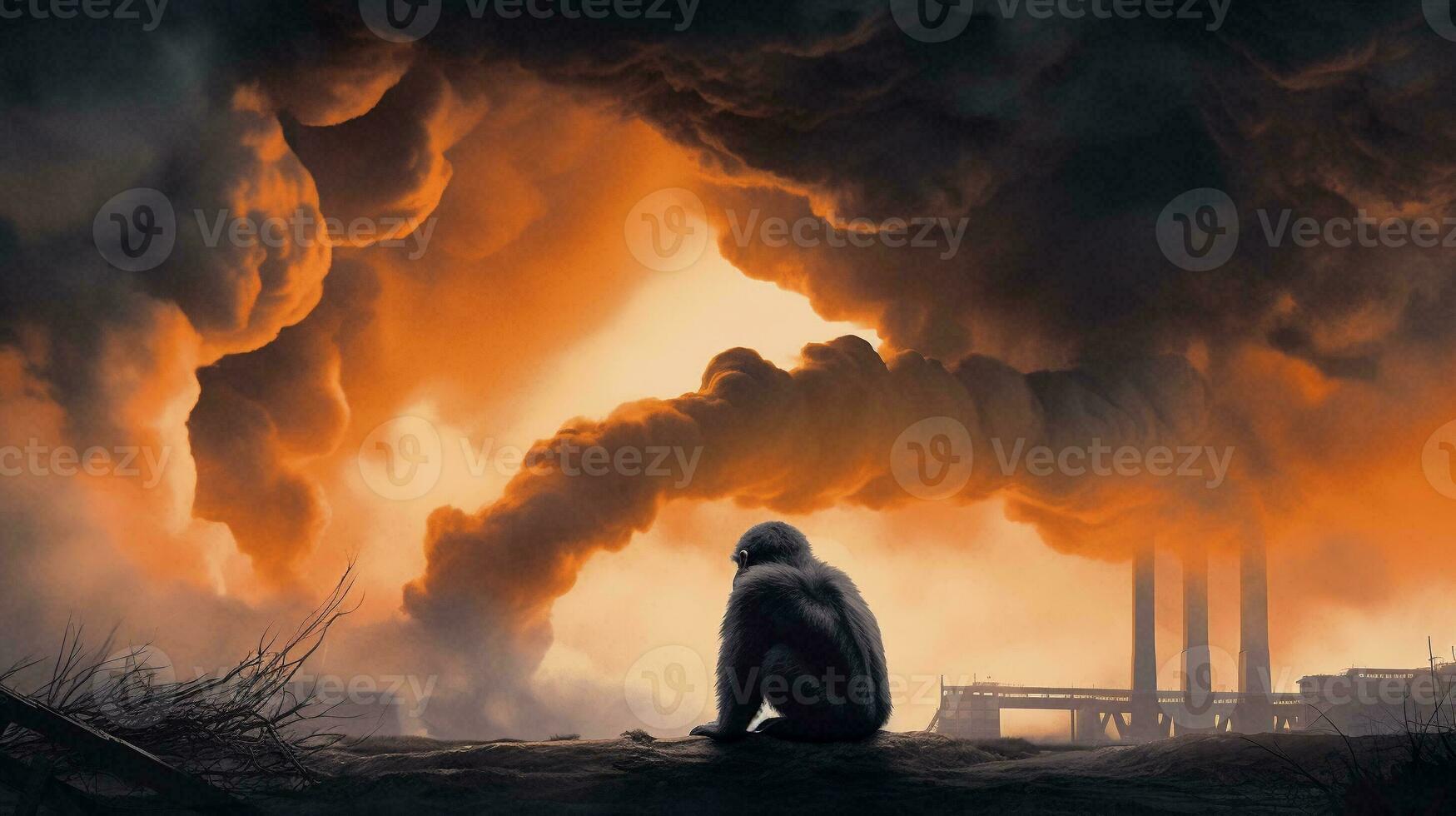 The monkey sits and looks at the chemicals above the factory. Generative AI. photo