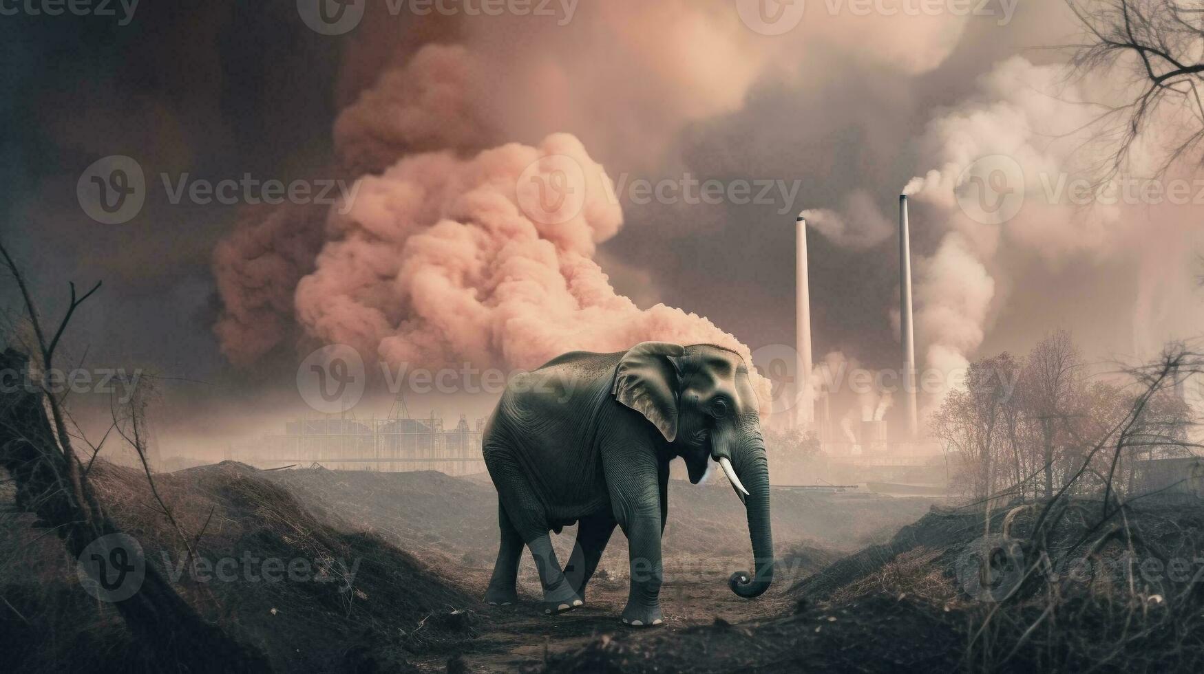 elephant stands watching a petrochemical refinery at sunrise. Generative AI. photo