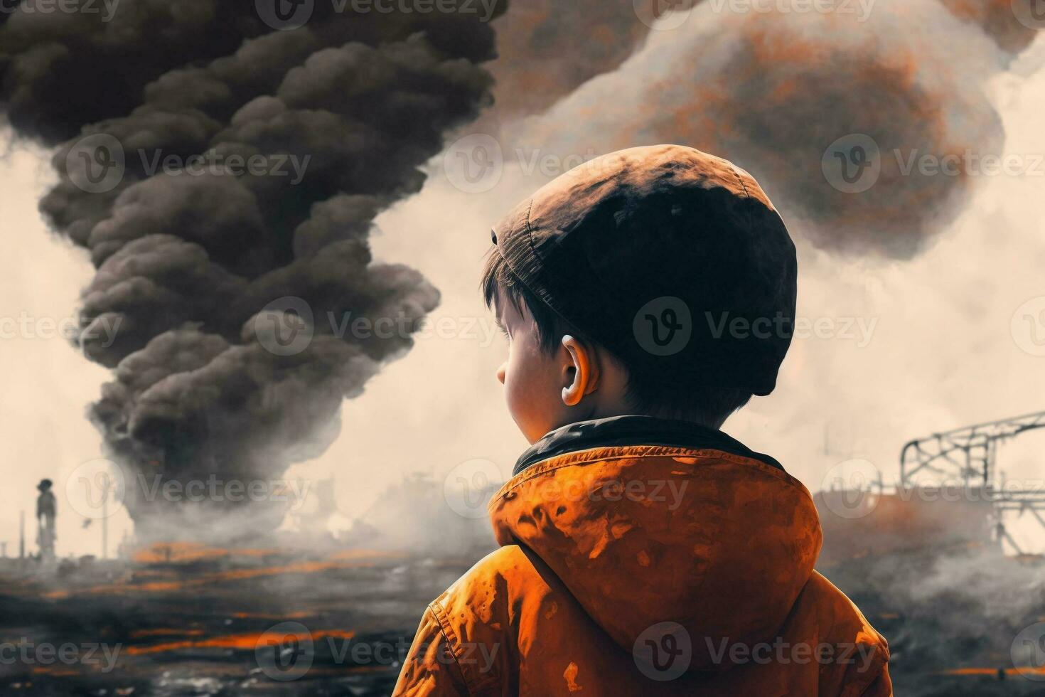 Painting of a boy standing watching a petrochemical refinery in the sunrise. Generative AI. photo