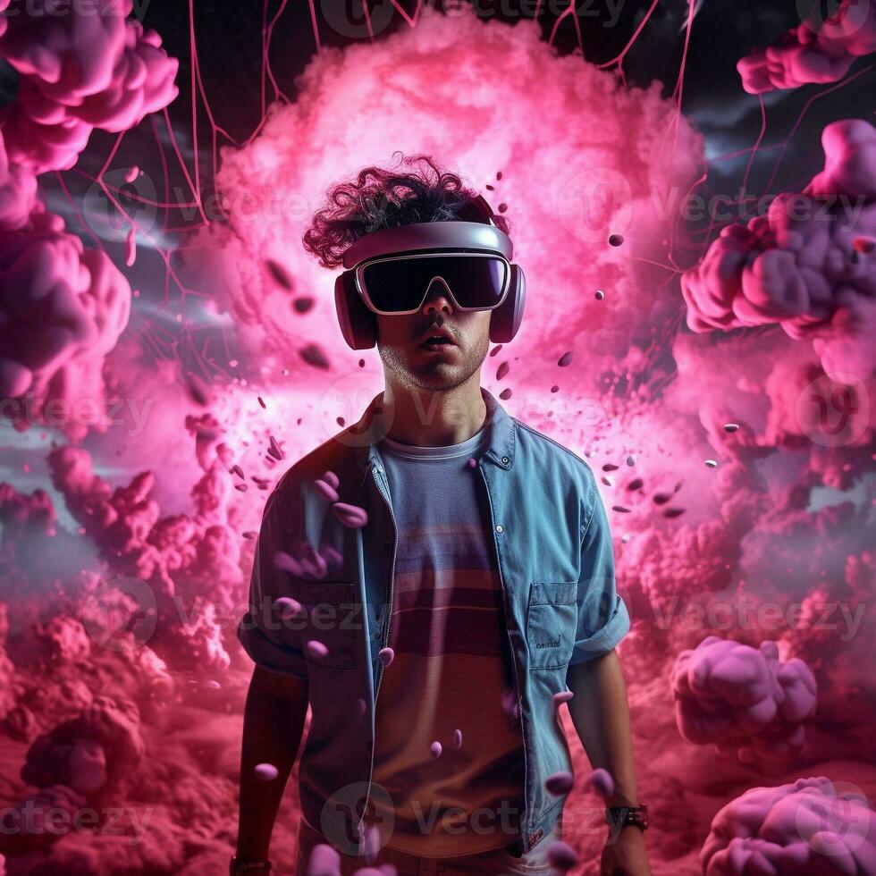 Young man using virtual reality headset. VR glasses, futuristic, technology, online education, education, video game concept. Generative AI. photo