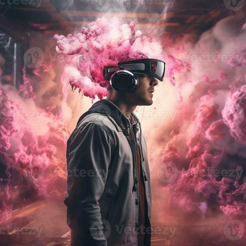 Young man using virtual reality headset. VR glasses, futuristic, technology, online education, education, video game concept. Generative AI. photo