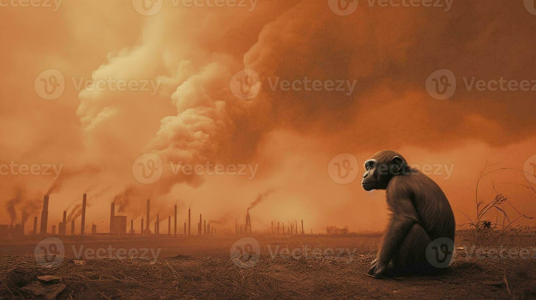 The monkey sits and looks at the chemicals above the factory. Generative AI. photo