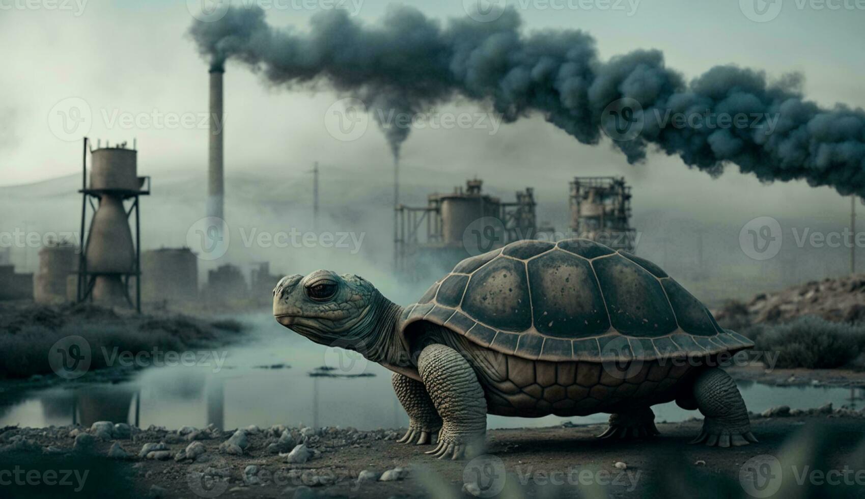 turtle stands watching a petrochemical refinery at sunrise. Generative AI. photo