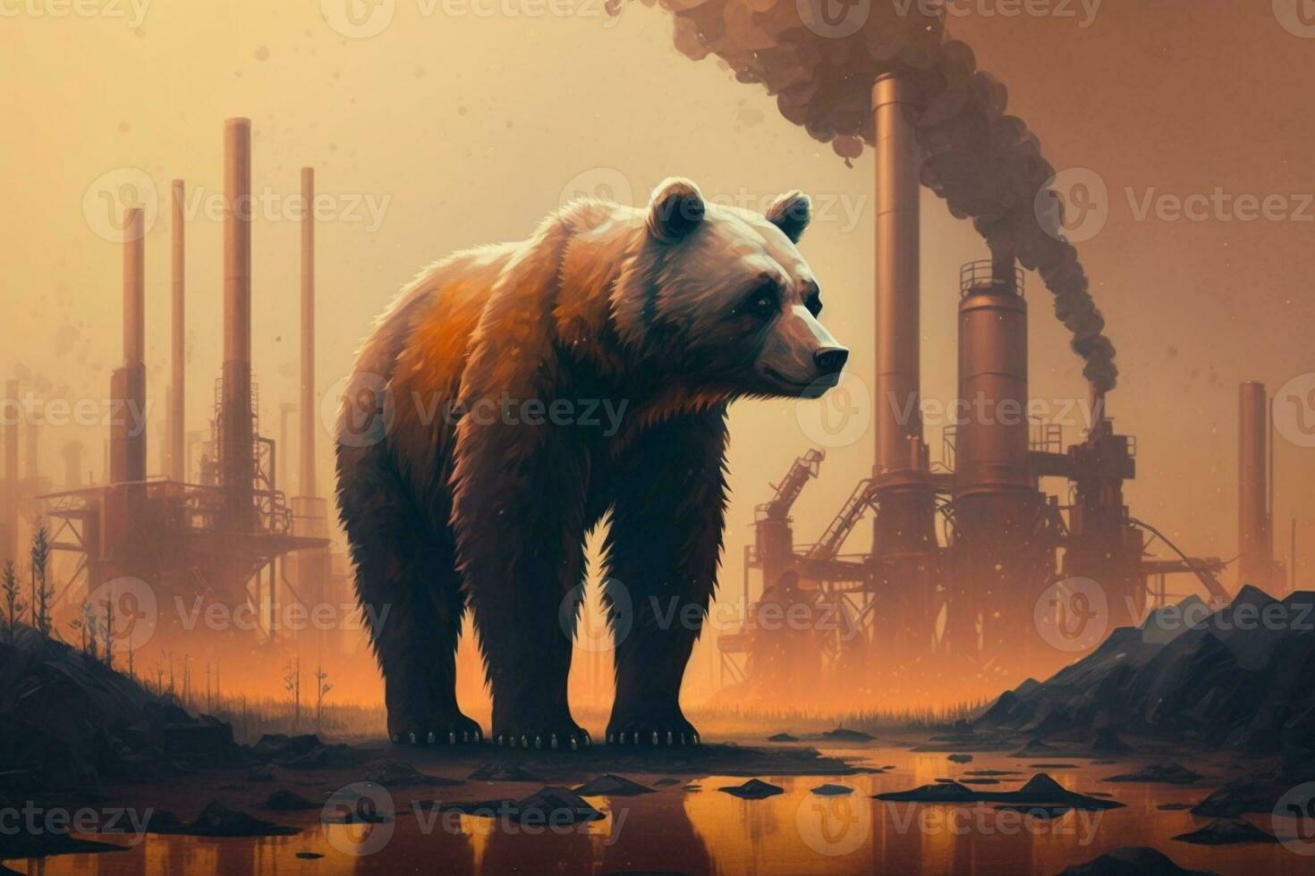 bear stands watching a petrochemical refinery at sunrise. Generative AI. photo