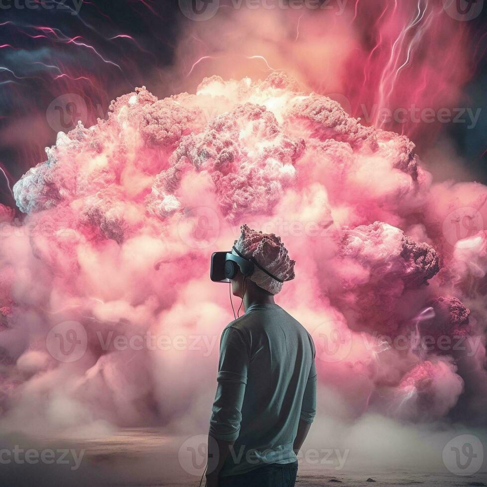 Young man using virtual reality headset. VR glasses, futuristic, technology, online education, education, video game concept. Generative AI. photo