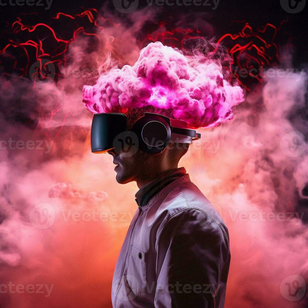 Young man using virtual reality headset. VR glasses, futuristic, technology, online education, education, video game concept. Generative AI. photo