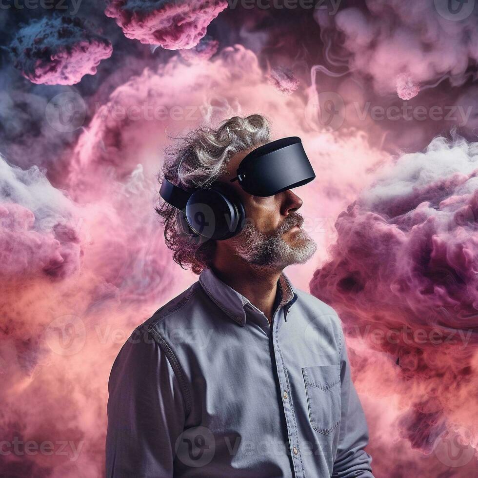 Young man using virtual reality headset. VR glasses, futuristic, technology, online education, education, video game concept. Generative AI. photo