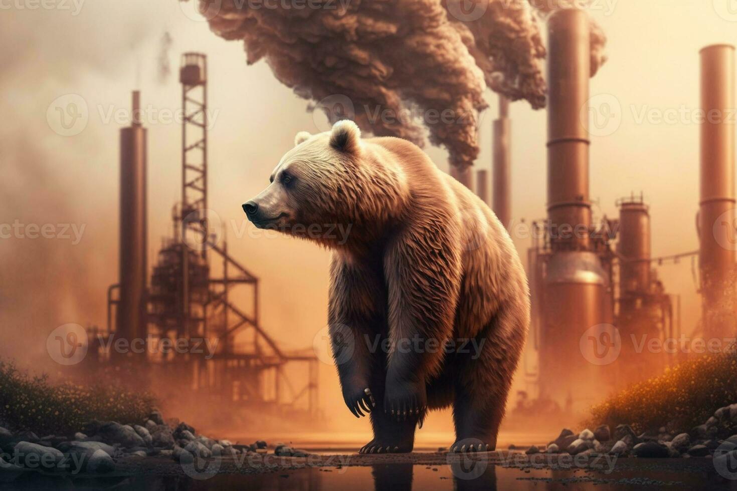 bear stands watching a petrochemical refinery at sunrise. Generative AI. photo