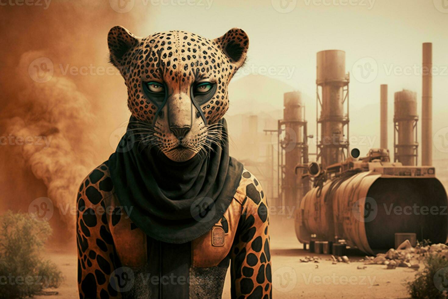 Jaguar panther standing in front Toxic mass from a chemica. Generative AI. photo