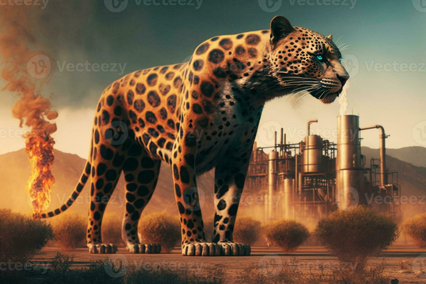 Jaguar panther standing in front Toxic mass from a chemica. Generative AI. photo