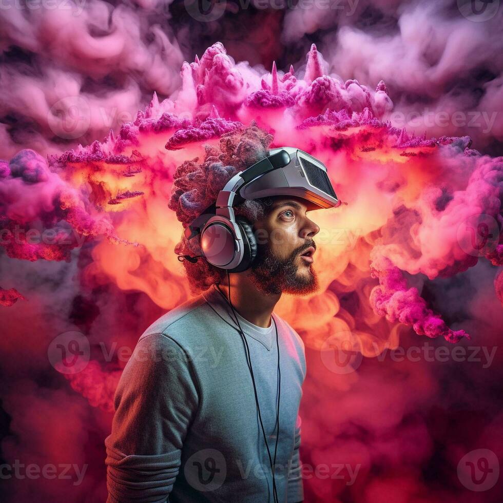 Young man using virtual reality headset. VR glasses, futuristic, technology, online education, education, video game concept. Generative AI. photo