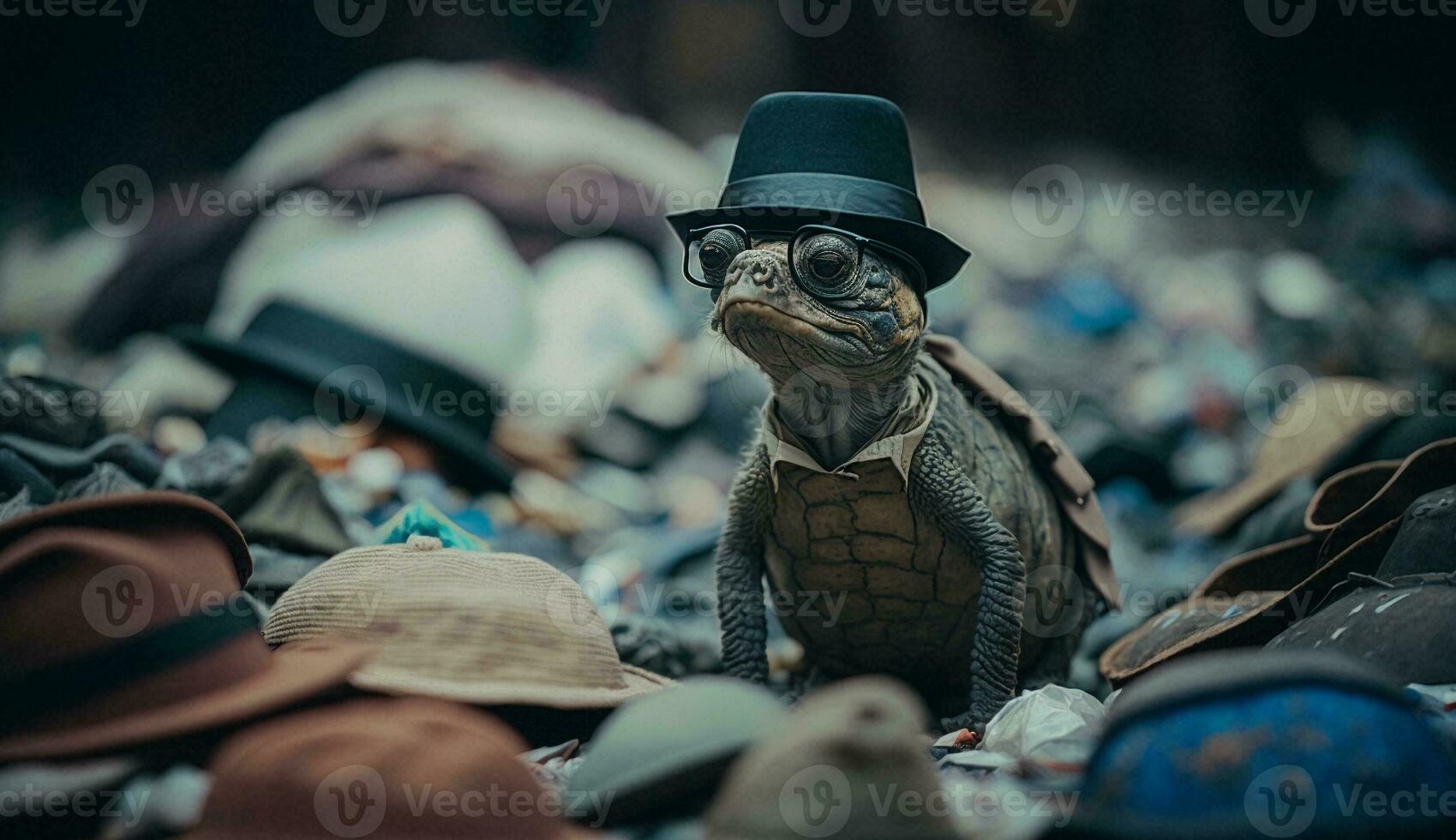 A turtle sleeps among the piles of plastic waste, concept of saving the world. Generative AI. photo