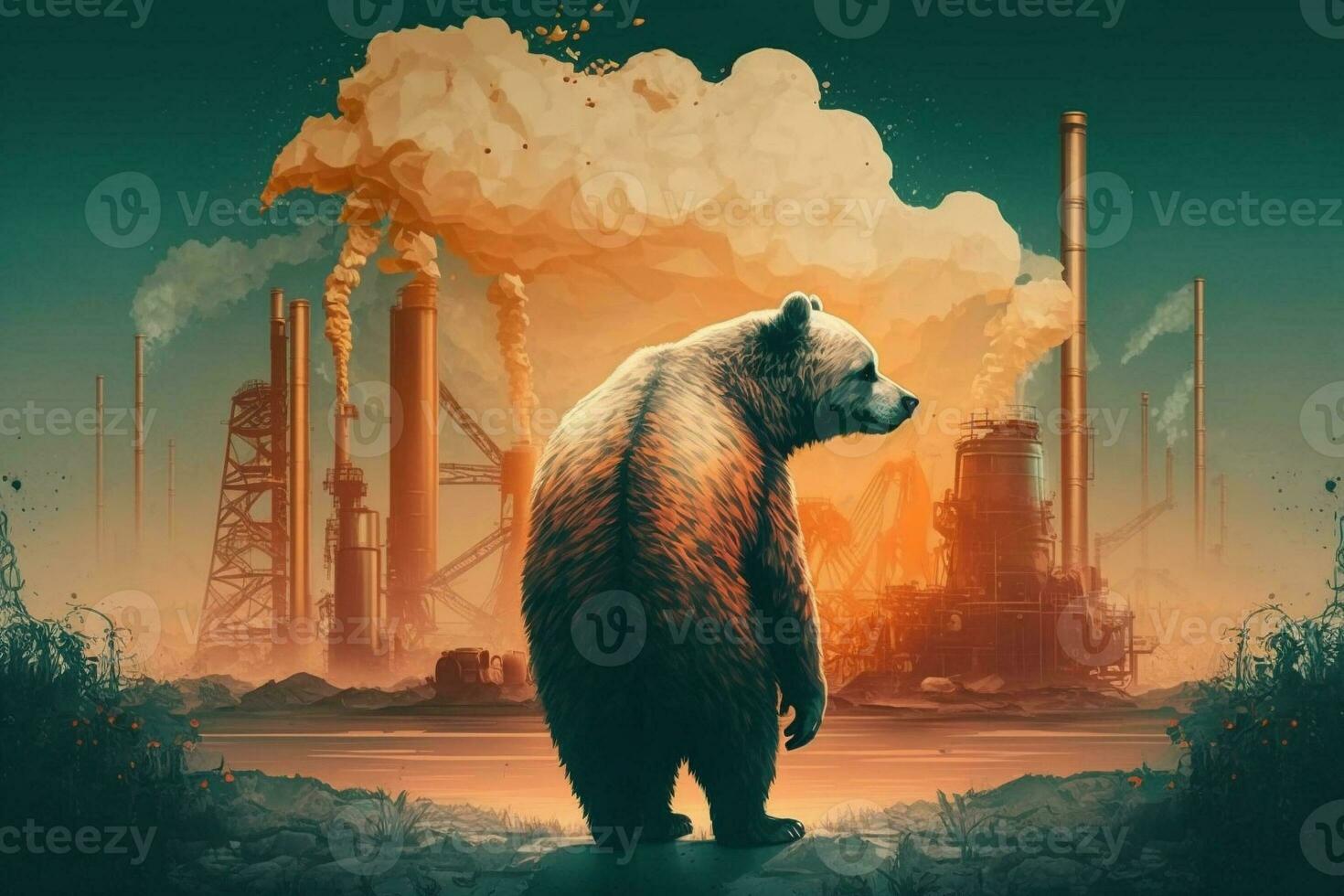 bear stands watching a petrochemical refinery at sunrise. Generative AI. photo