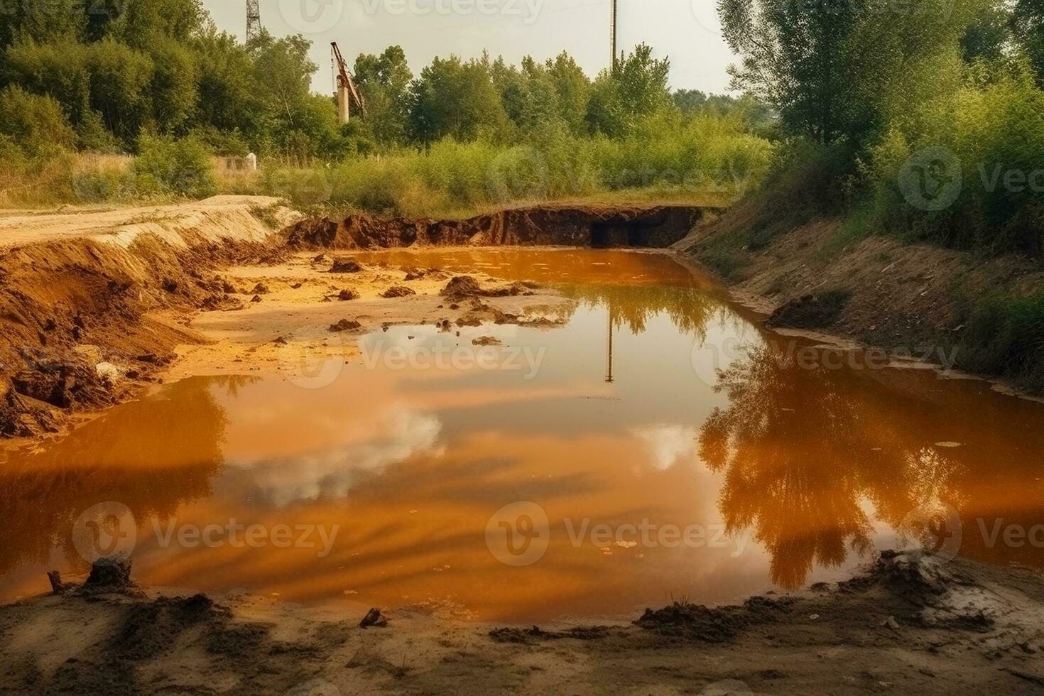 Toxic mass from the chemical industry flows into the river. Generative AI. photo