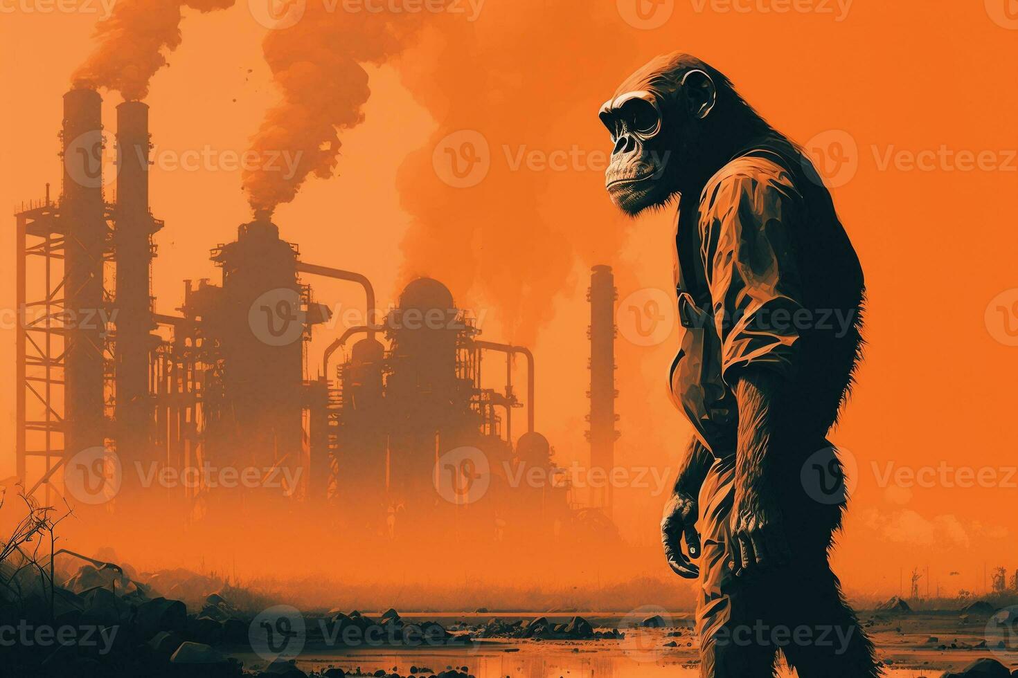 A monkey stands in front of chemicals above the factory. Generative AI. photo