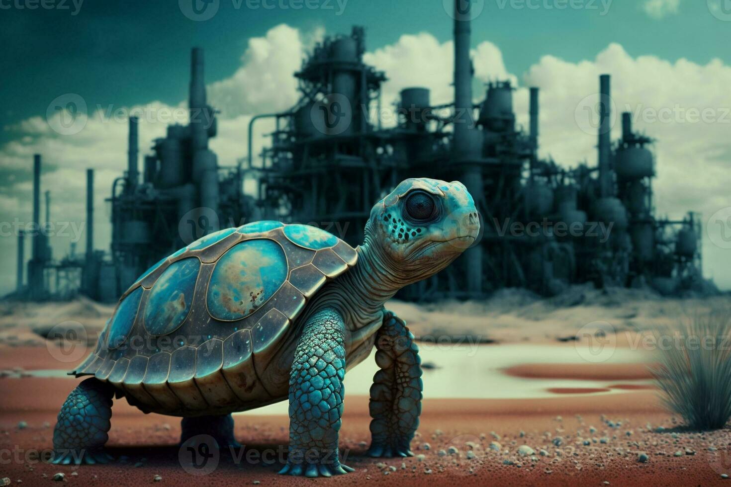 Tortuga soportes acecho un petroquímico refinería a amanecer. generativo ai. foto