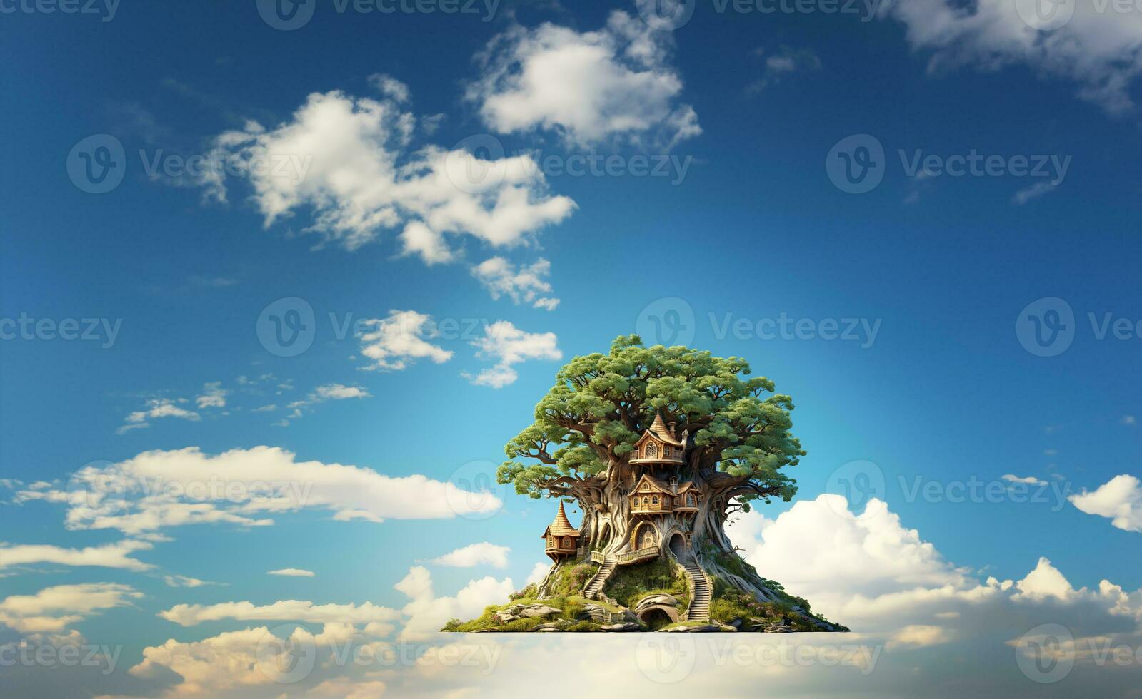 Houses and trees on a floating island on a bright background. AI Generative photo