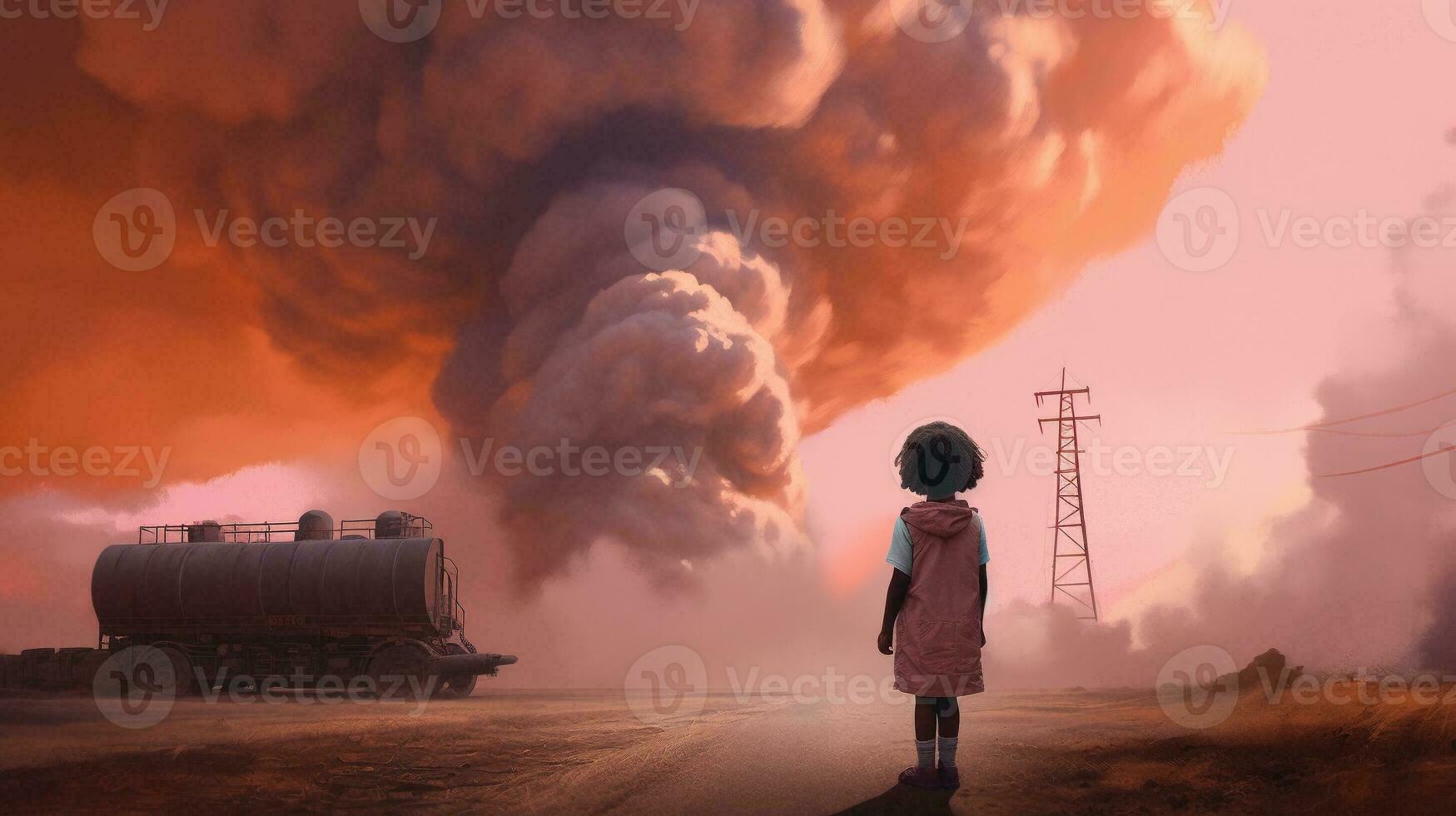 Illustration of a young girl standing looking at toxic fumes from a petrochemical refinery at sunrise. Generative AI. photo
