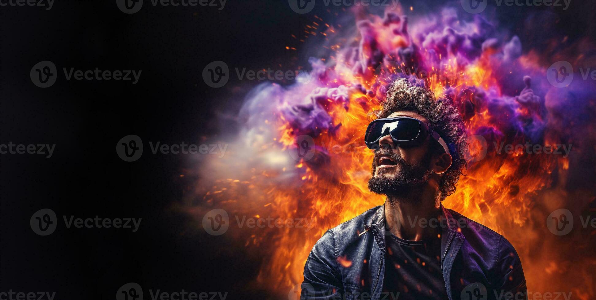 Young man using virtual reality headset. VR glasses, futuristic, technology, online education, education, video game concept. Generative AI. photo