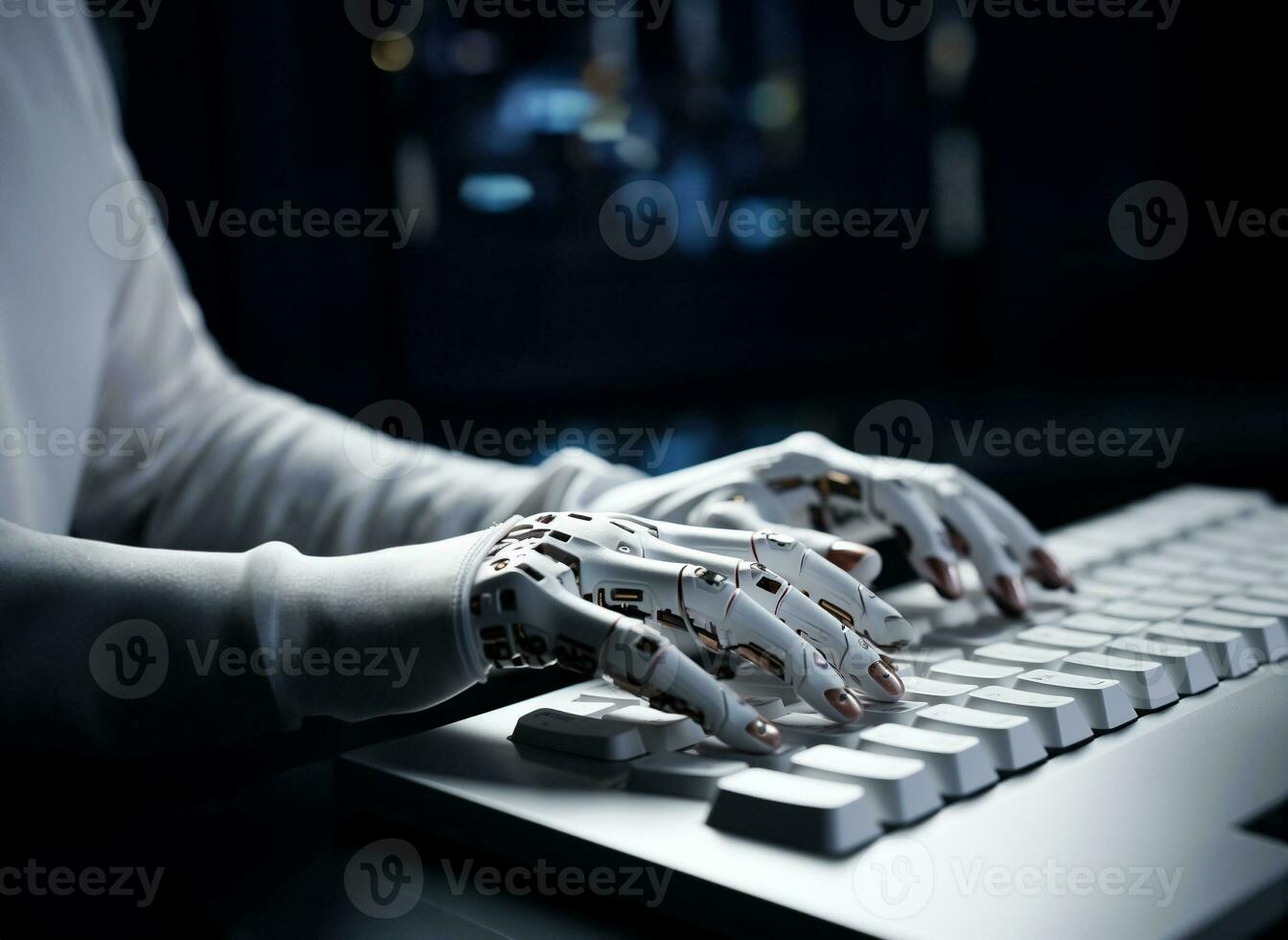 White robot hand on black keyboard in close-up on empty space. AI Generative. photo