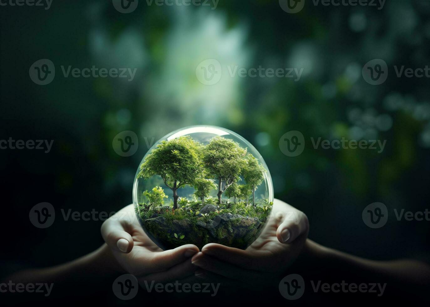 Human hands holding earth sphere crystal with sunlight, green nature background, concept of conservation environmental. AI Generative. photo