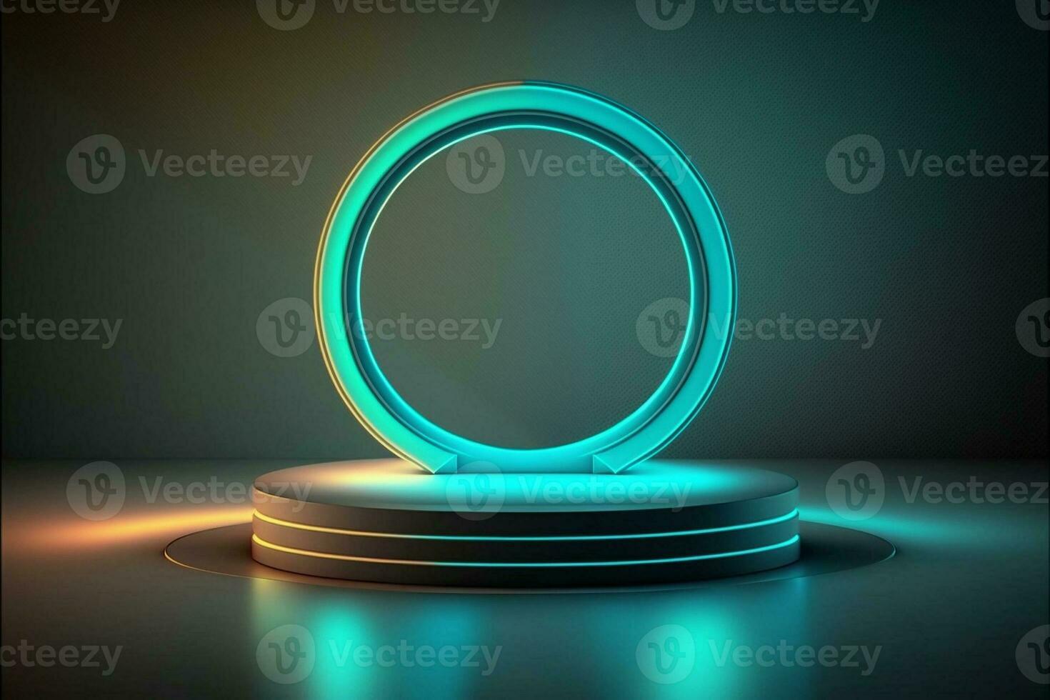 Empty plinth neon light round shape abstract background. Generative AI. photo