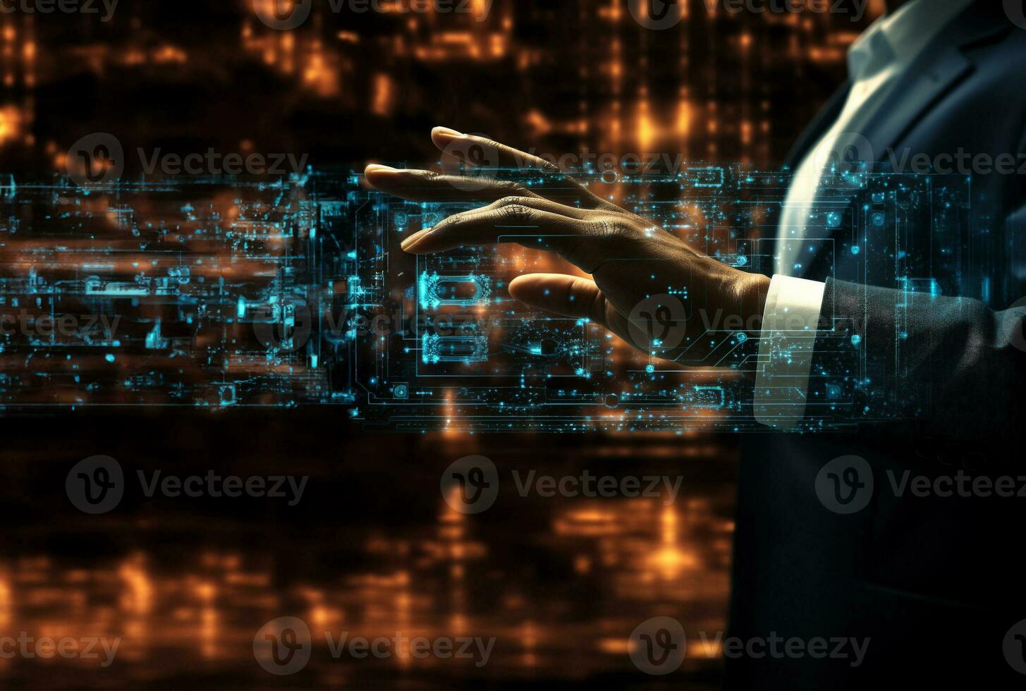 Man hands using cybersecurity interface on empty space for. Generative AI. photo