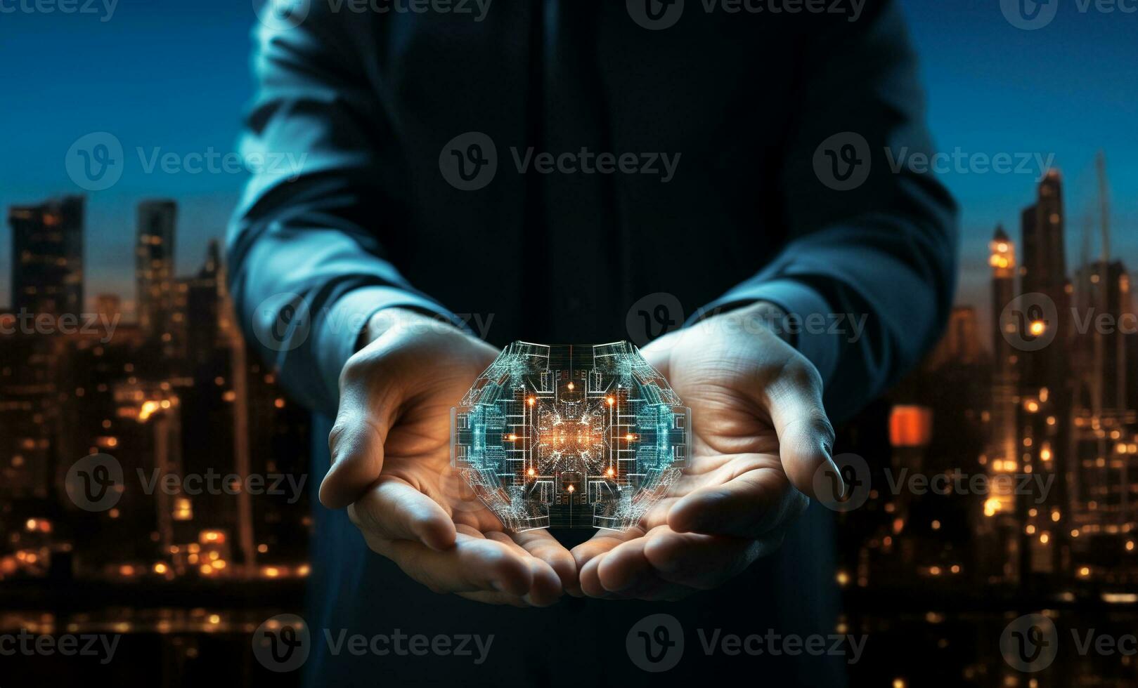 Man hands using cybersecurity interface on empty space for. Generative AI. photo