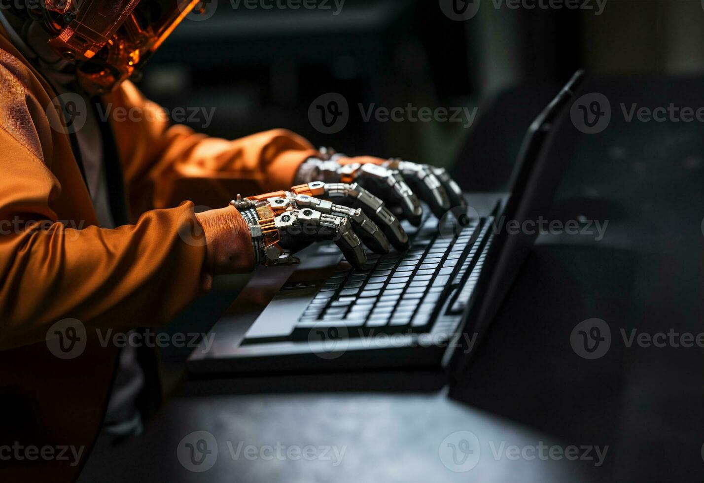 Orange robot hands typing on computer keyboard in close-up on empty space. AI Generative. photo