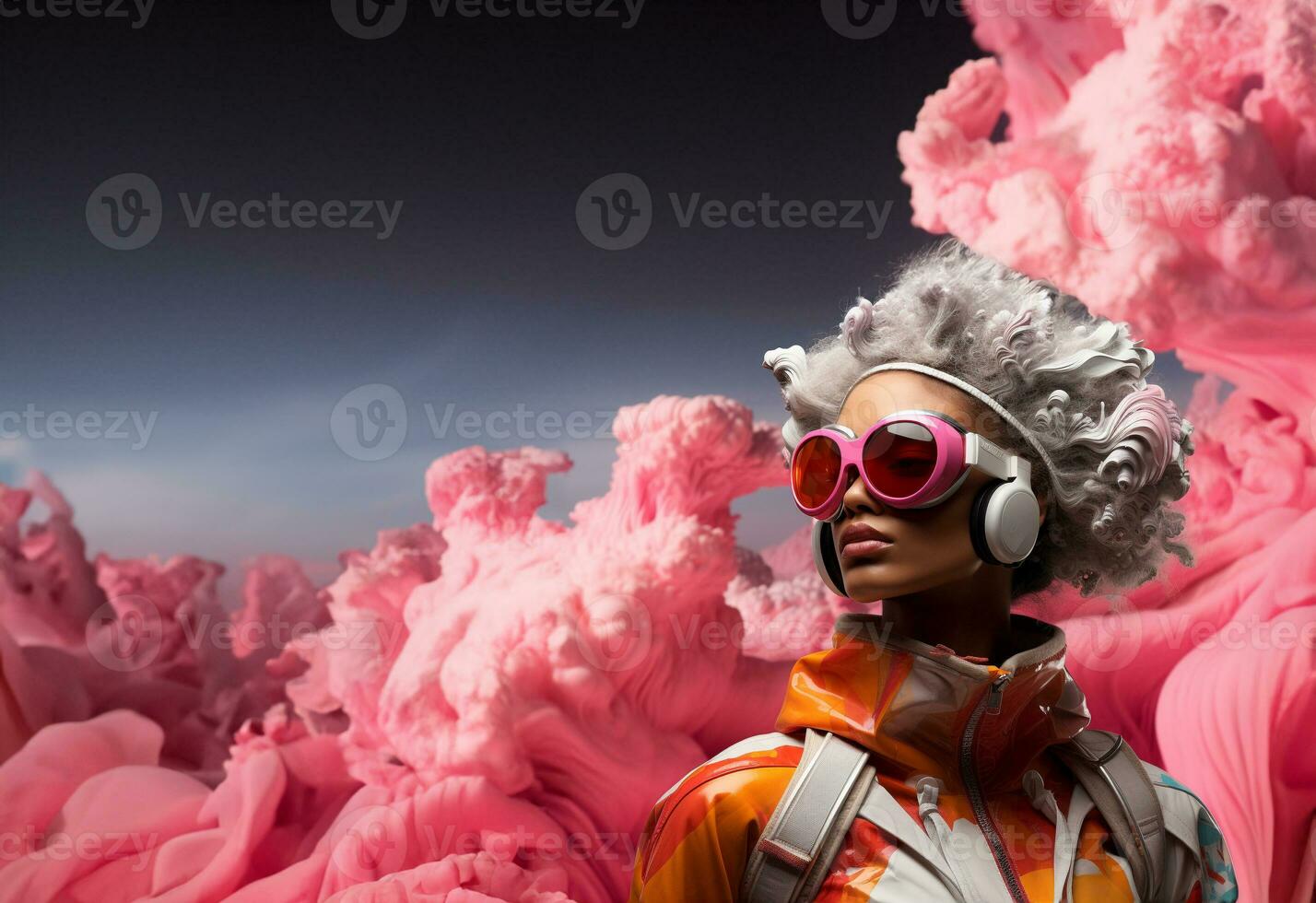 Young woman using virtual reality headset. VR glasses, futuristic, technology, online education, education, video game concept. Generative AI. photo