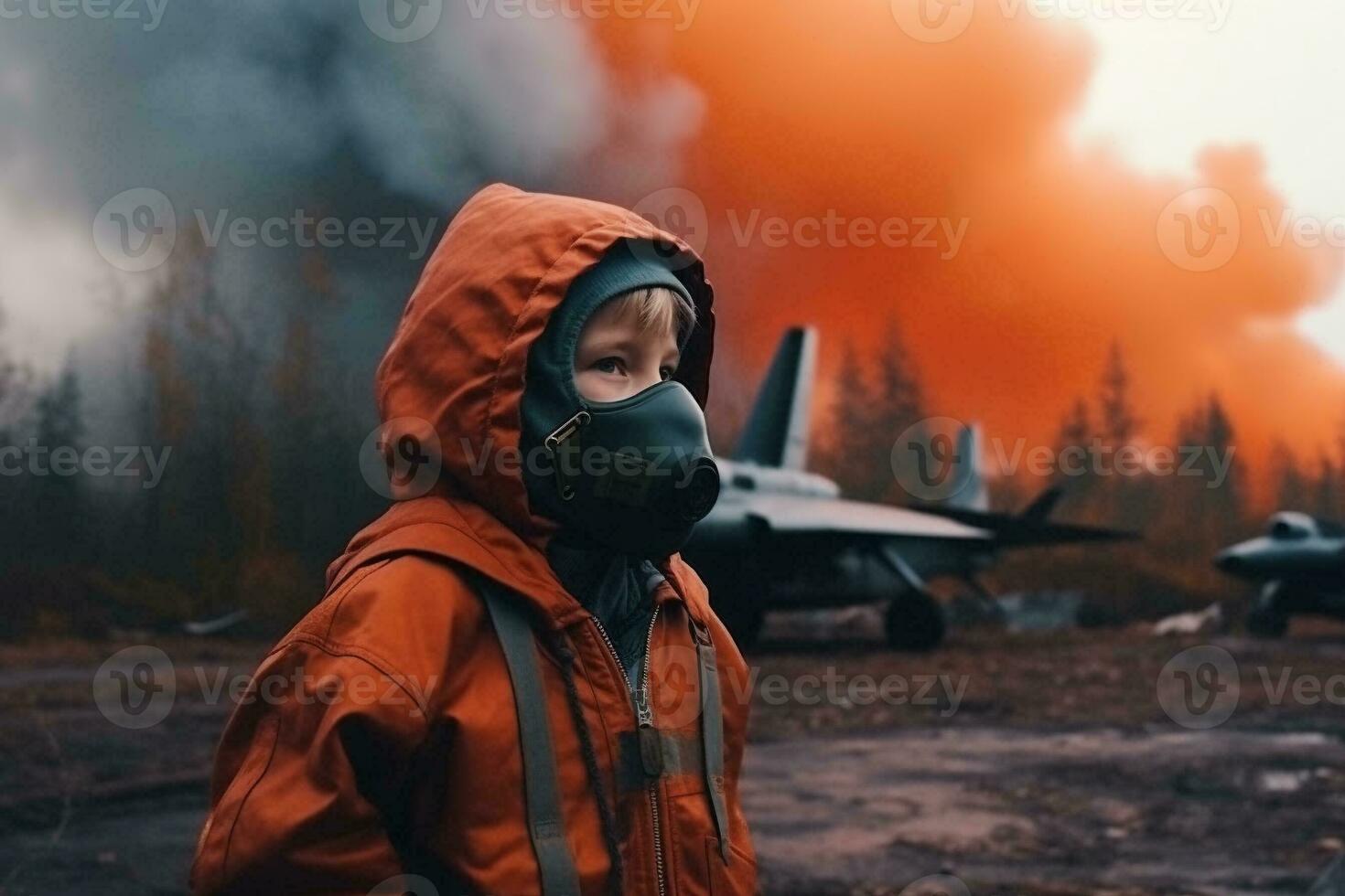 child in protective clothing smoke from pollution. The evolution of humanity beyond catastrophe. Generative AI. photo