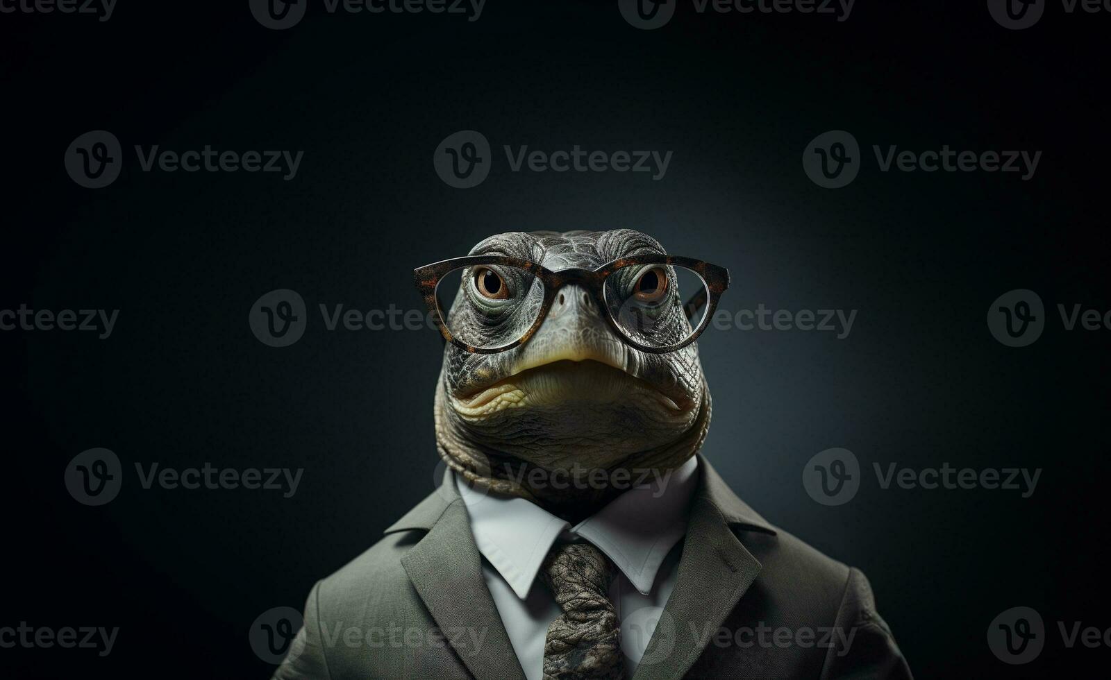 Standing turtle in a suit wearing glasses on agray background. Generative AI. photo