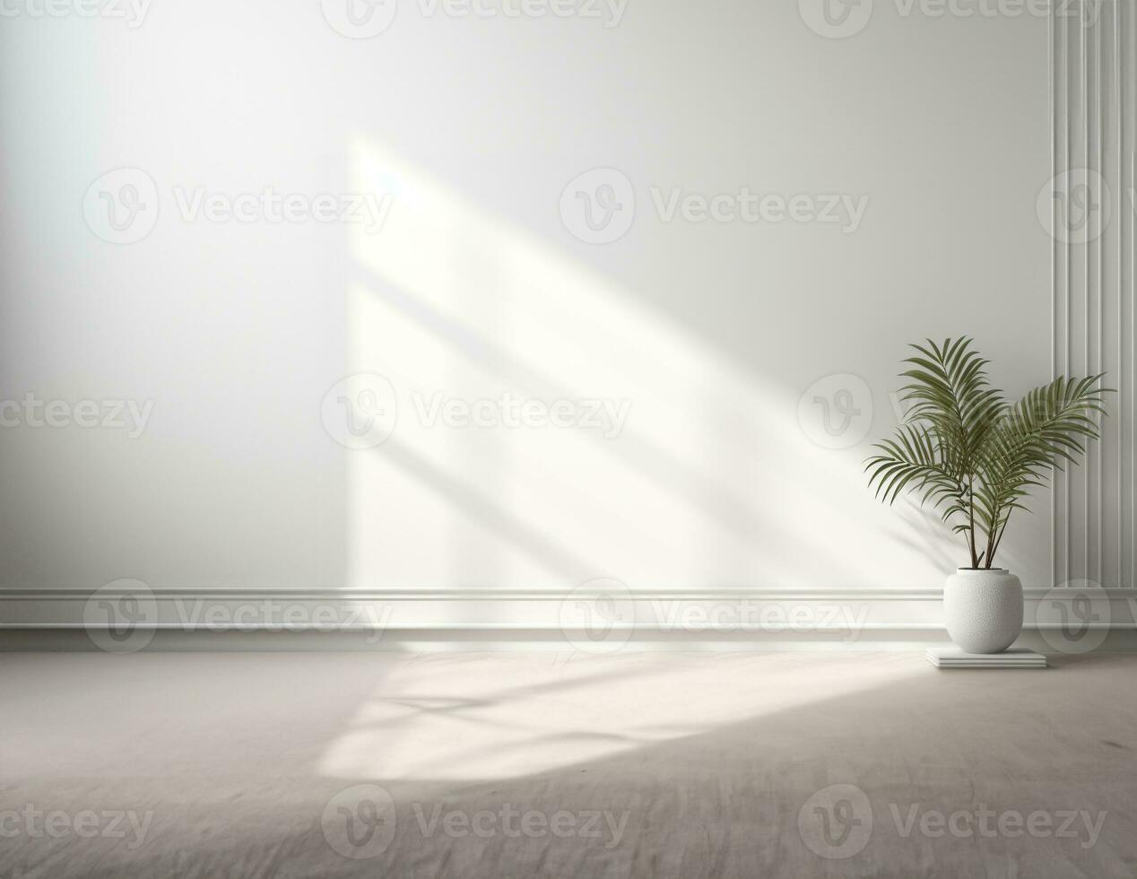 White empty minimalist room interior with vases on a wooden floor, white landscape in window. AI Generative. photo