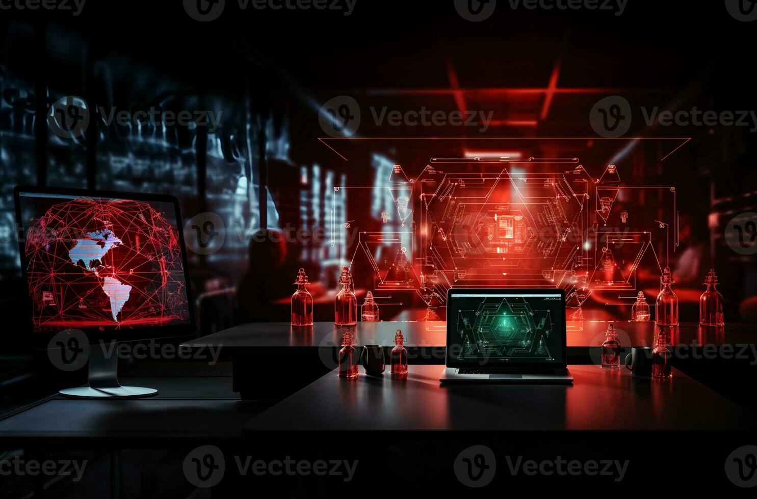 Technology and engineering concept Hacker attack system, red alert sign hologram and cybersecurity icons on empty space for text. photo