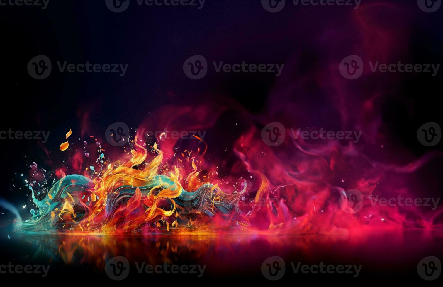 Realistic color explosion of music notes on red and black. AI Generative. photo