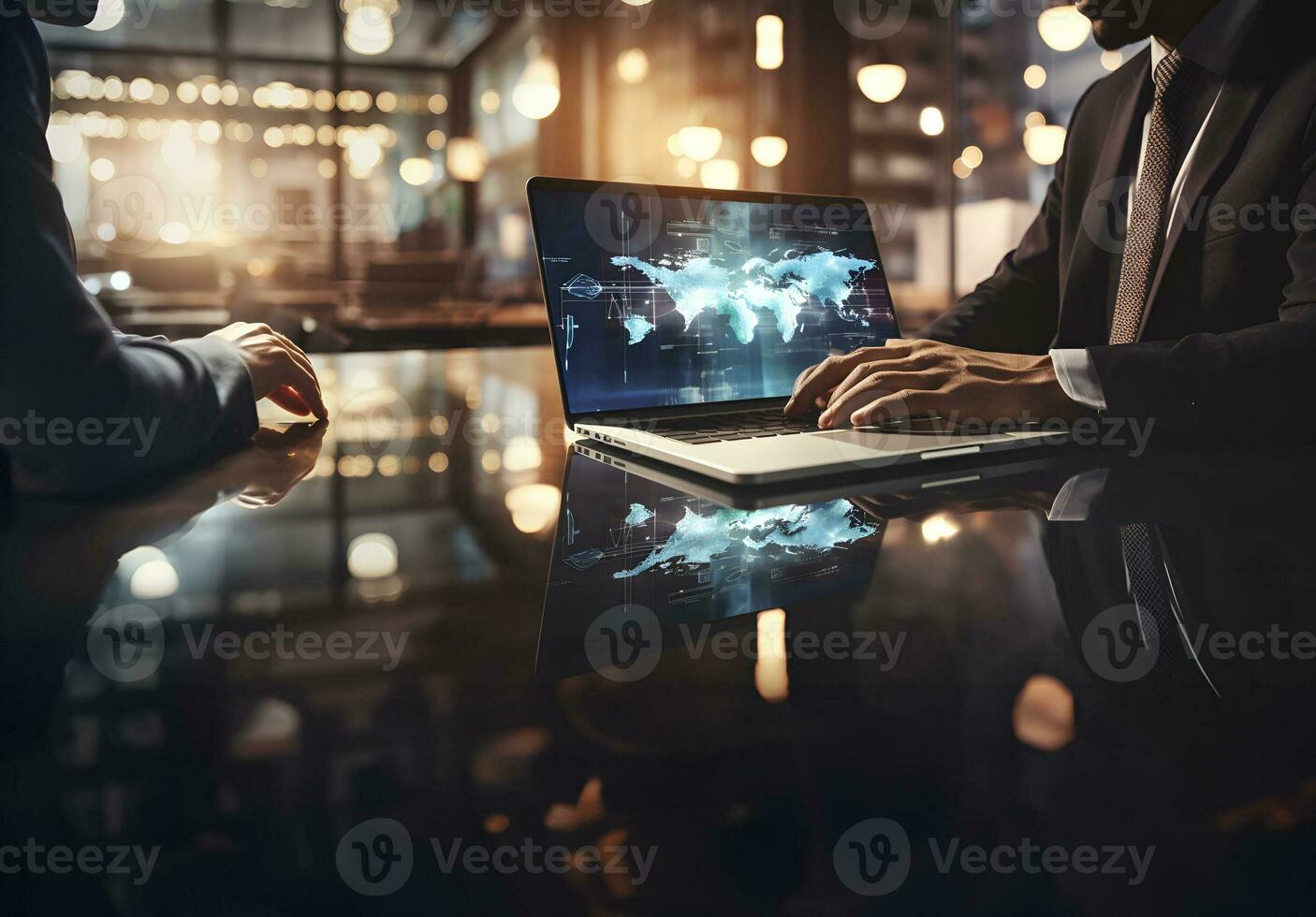 Businessman, artificial intelligence technology, keyboard, laptop, innovation, modern businessman. Generative AI. photo