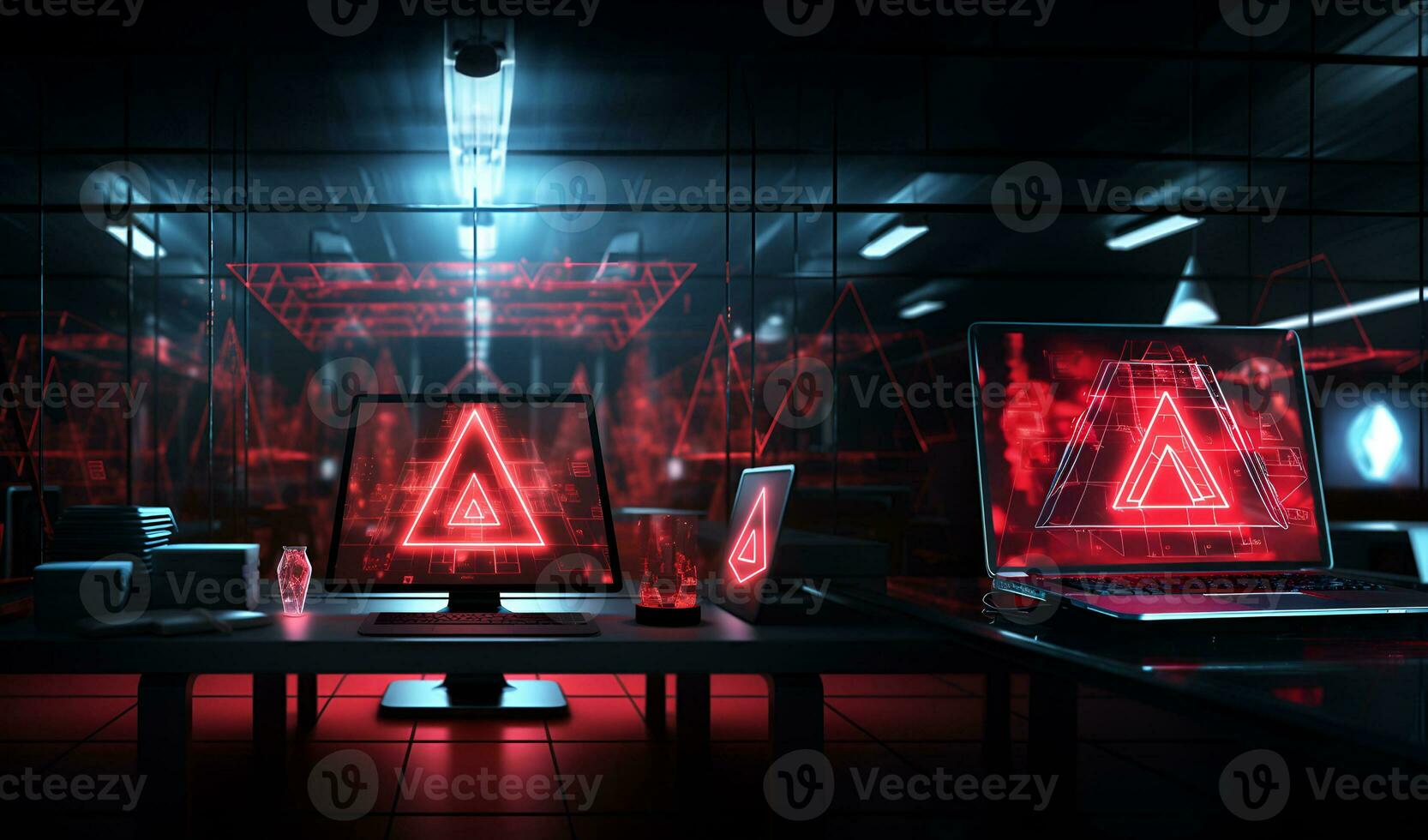 Technology and engineering concept Hacker attack system, red alert sign hologram and cybersecurity icons on empty space for text. photo