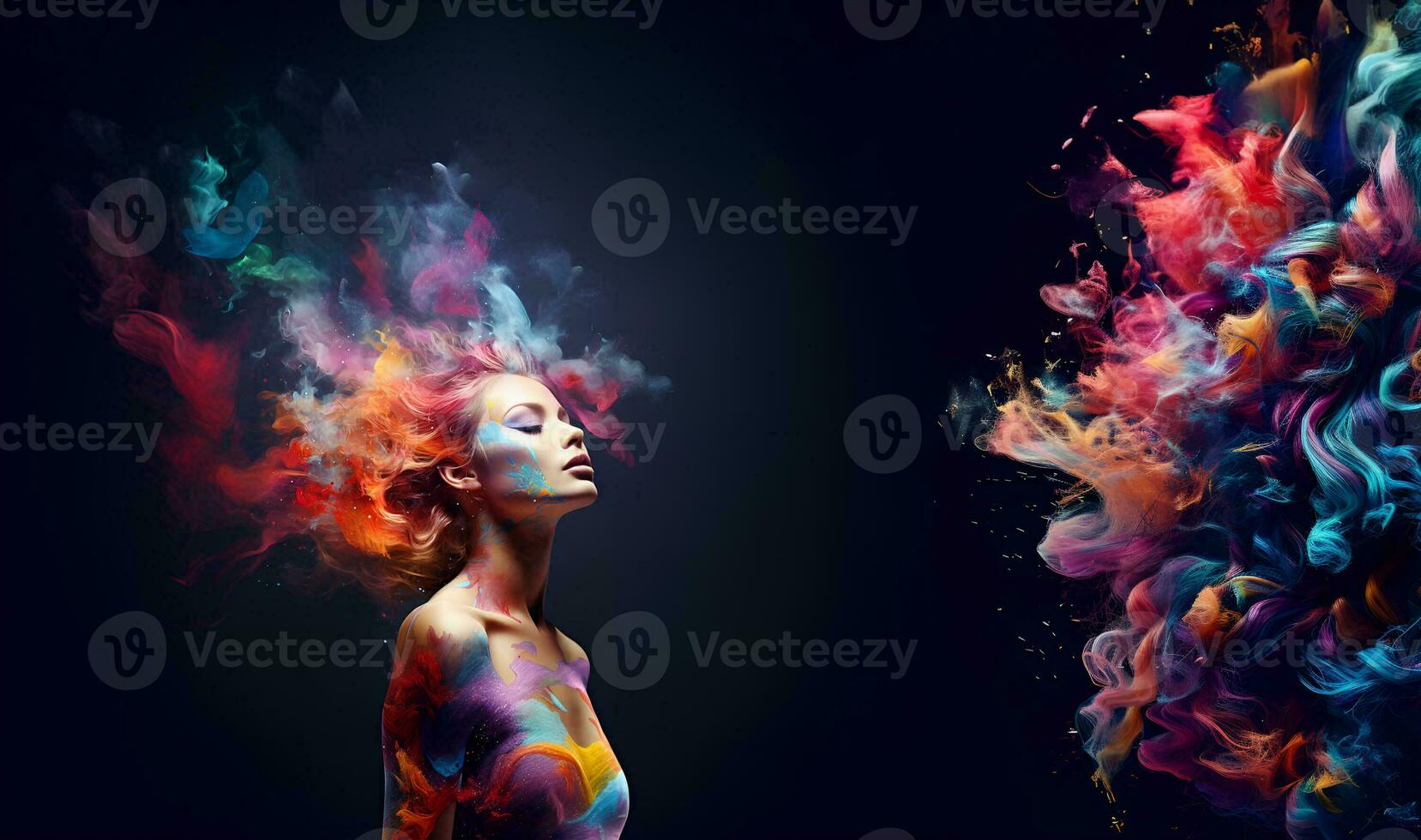 Beautiful fantasy abstract portrait of young woman With colorful digital paint splashes on empty space for text. photo