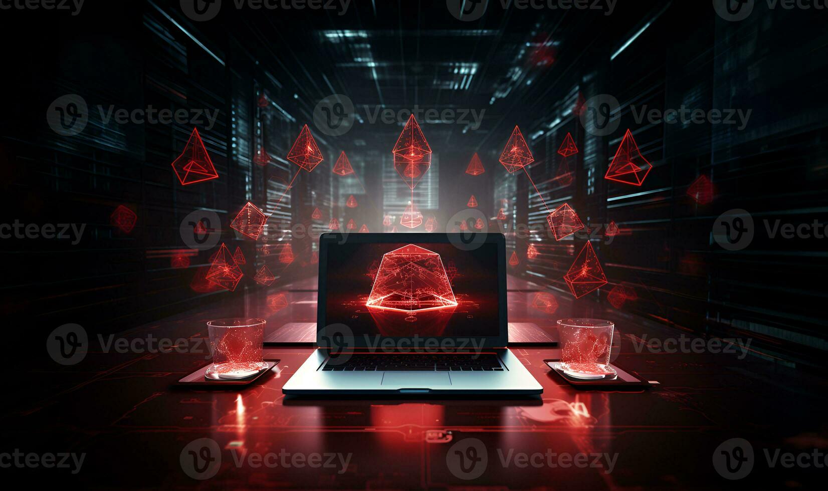 Technology and engineering concept Hacker attack system, red alert sign hologram and cybersecurity icons on empty space for text. photo