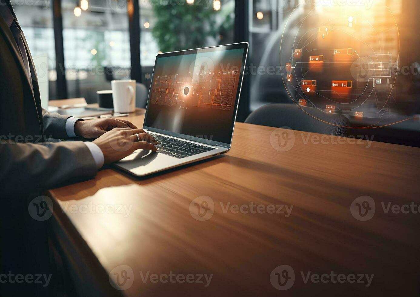 Businessman, artificial intelligence technology, keyboard, laptop, innovation, modern businessman. Generative AI. photo