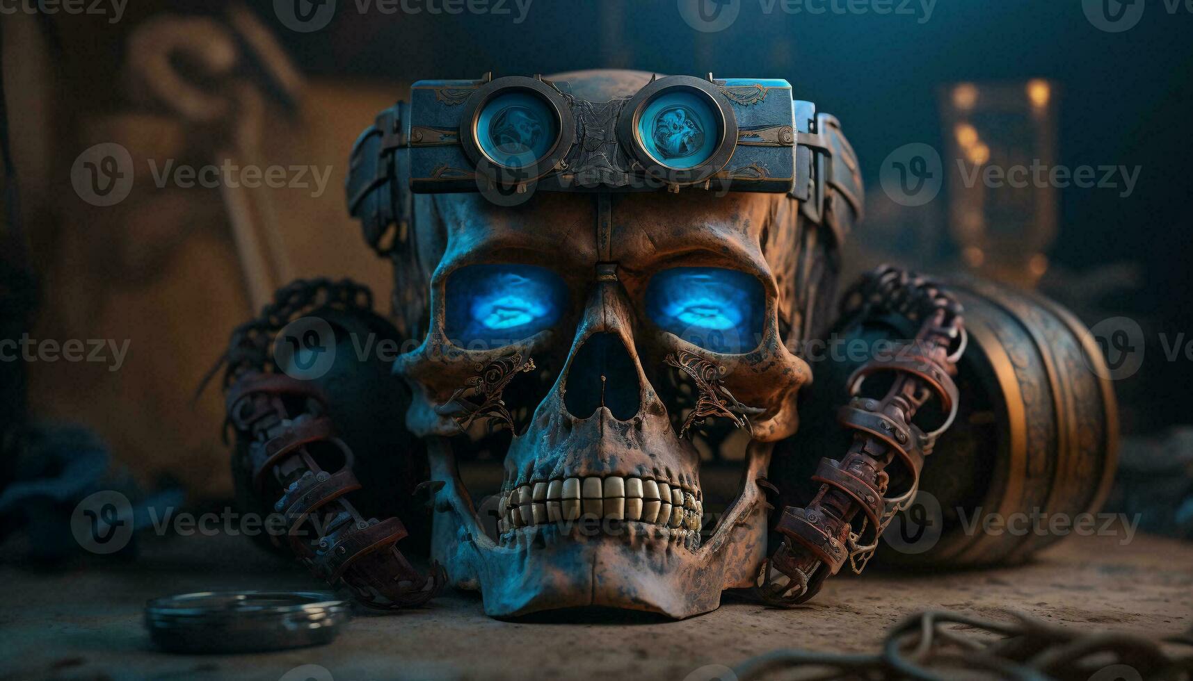 A blue and brown skull robot wearing VR goggles floats aga. AI Generative. photo