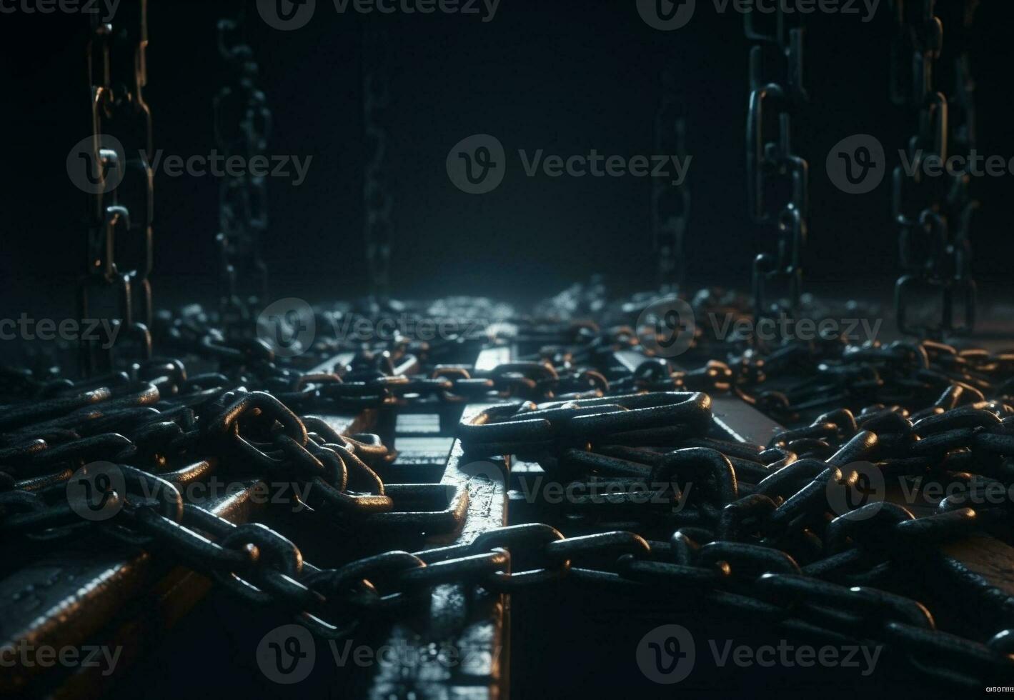 Businessman chained by chains cinematic scene at night. AI Generative. photo