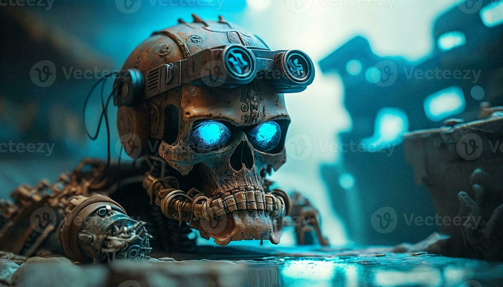 A blue and brown skull robot wearing VR goggles floats aga. AI Generative. photo
