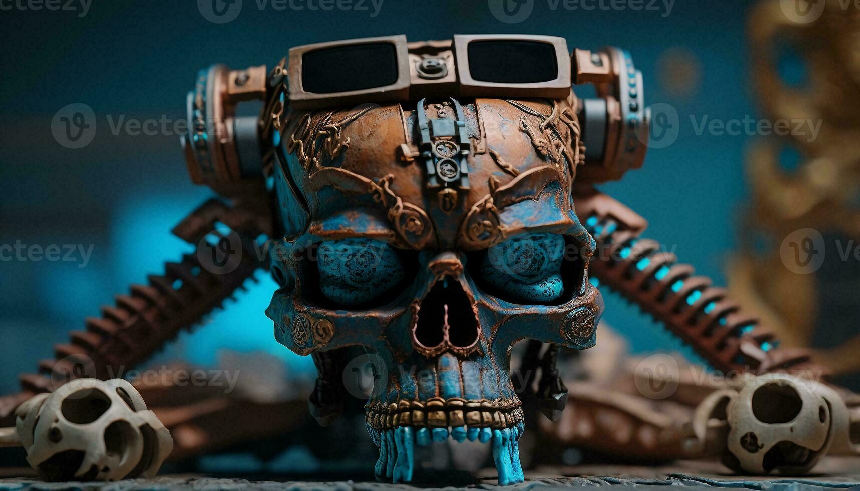 A blue and brown skull robot wearing VR goggles floats aga. AI Generative. photo
