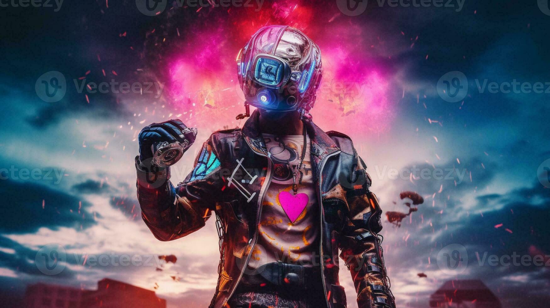 AI Metaverse armored man in gaming world holding a race. AI Generative. photo