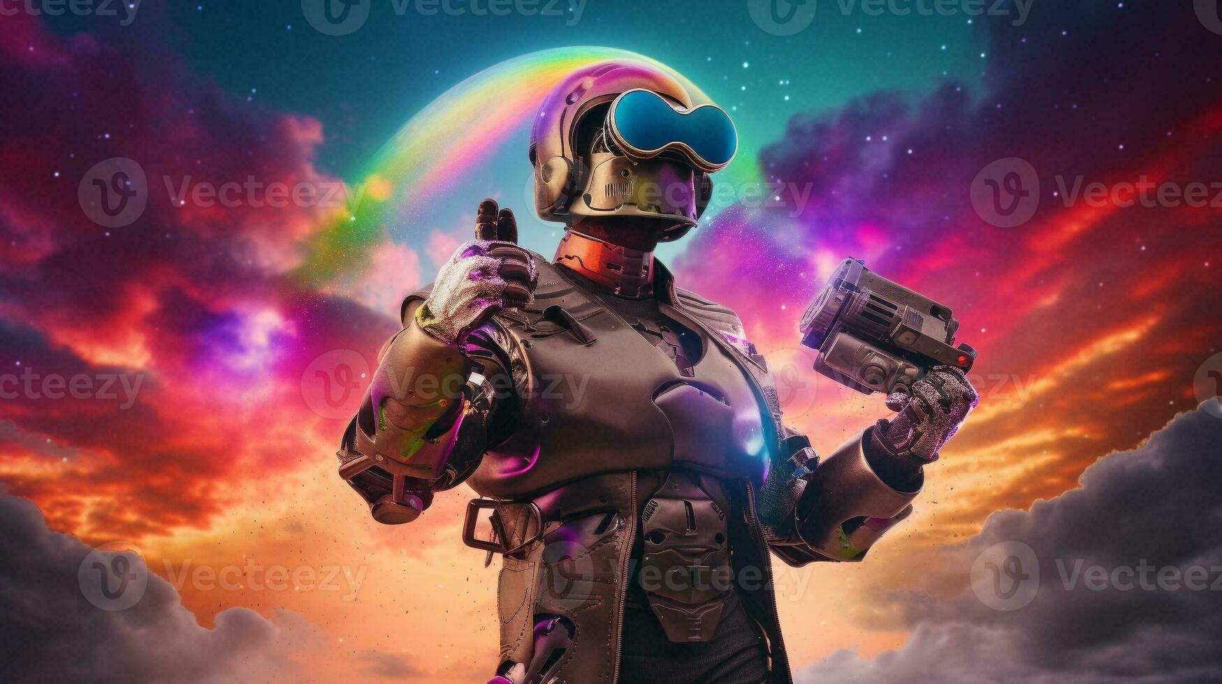 AI Metaverse armored man in gaming world holding a race. AI Generative. photo