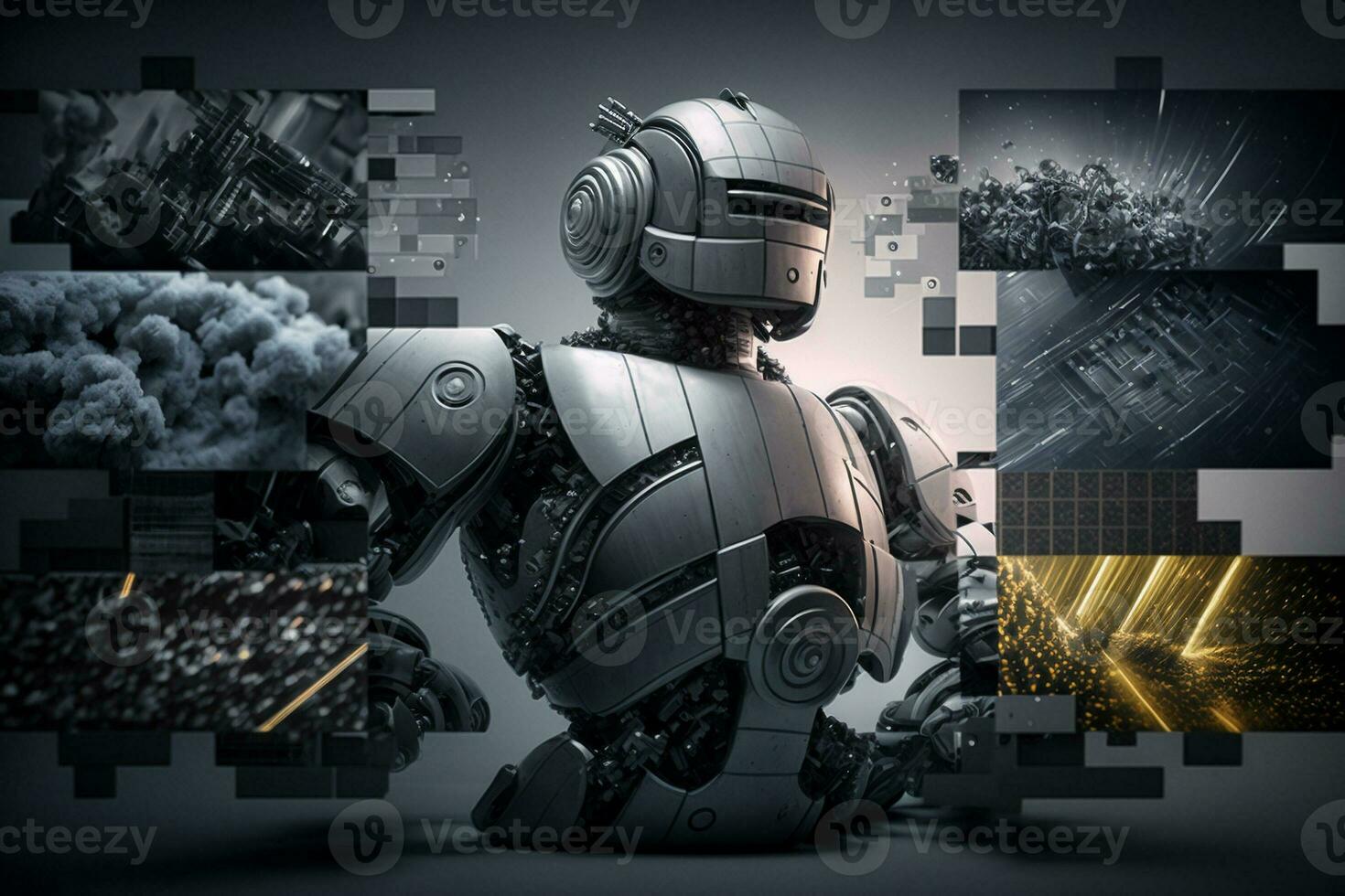 AI Metaverse concept collage with robots on Forex technology. AI Generative. photo